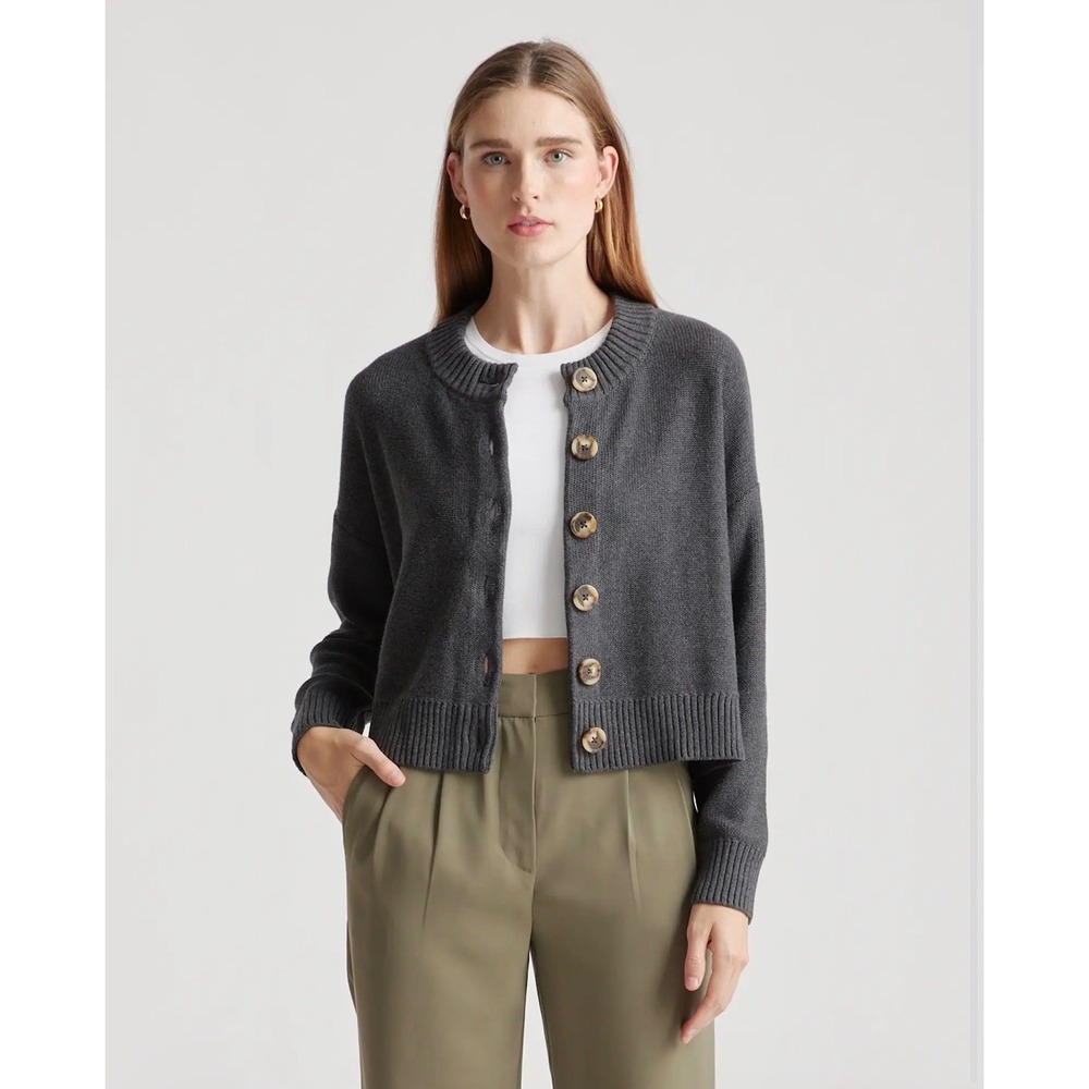 Quince 100% Organic Cotton Cardigan Sweater Charcoal Gray Preppy Classic S